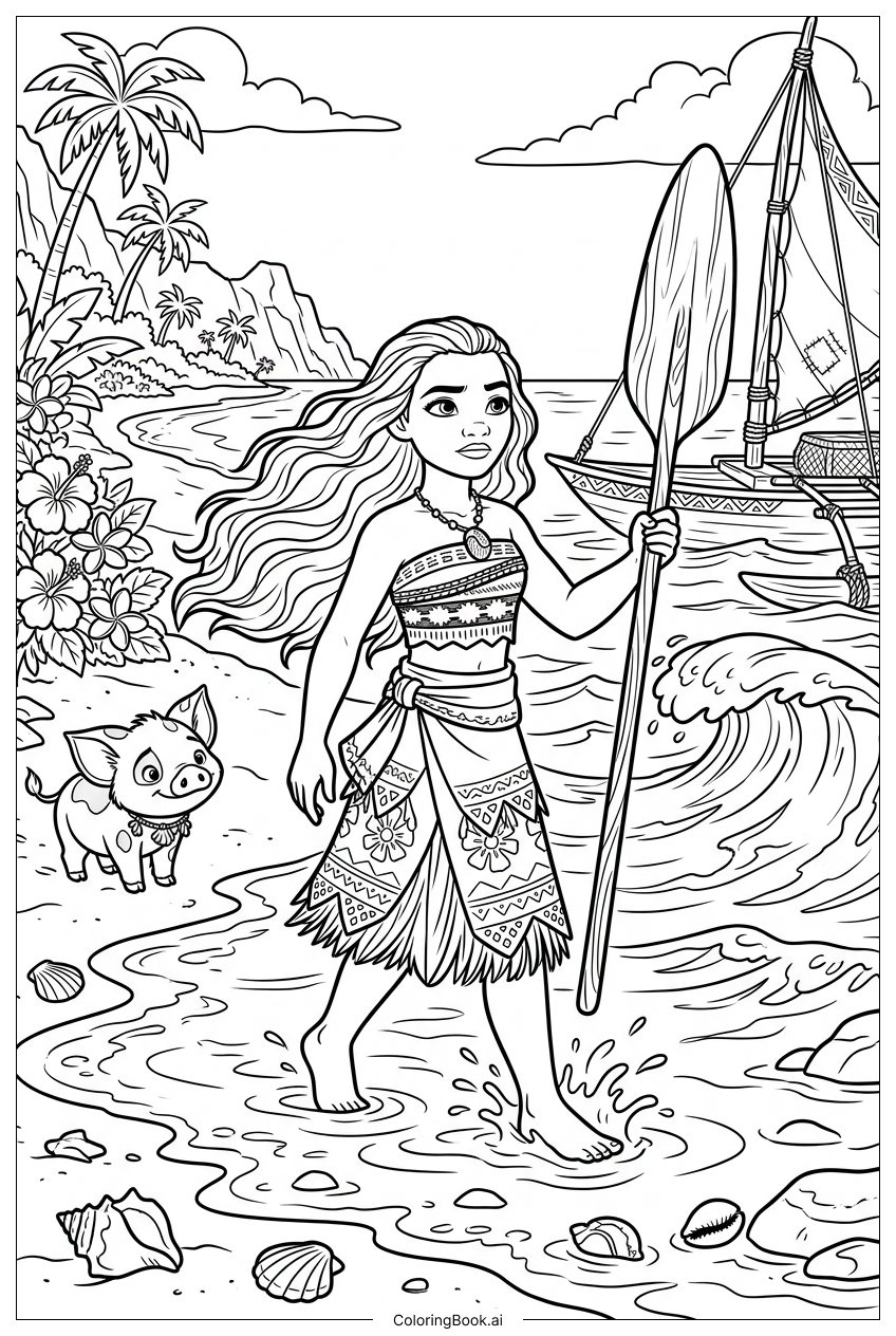  Moana Strolling Thoughtfully Along Tidal Shore Coloring Page 