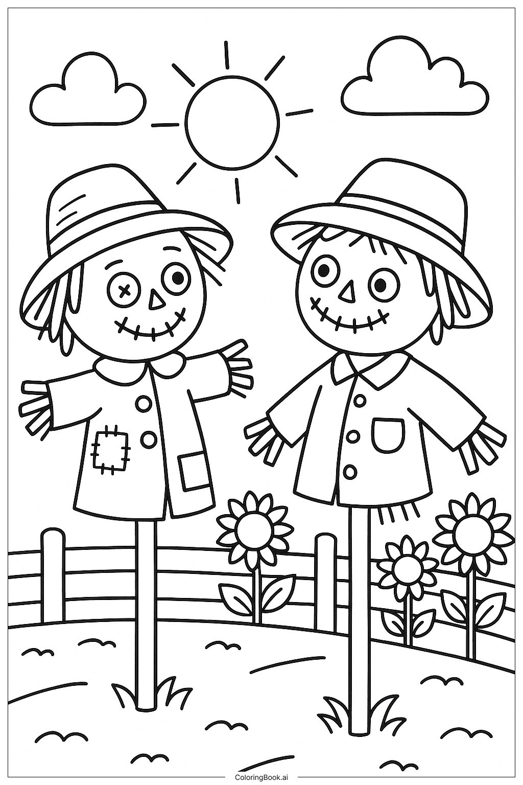 Two Scarecrow Friends Chatting Coloring Page