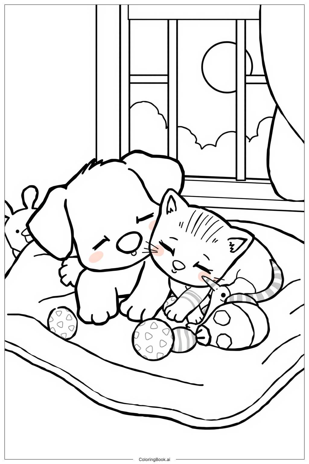  Page de coloriage Chiot et chaton blottis l'un contre l'autre 