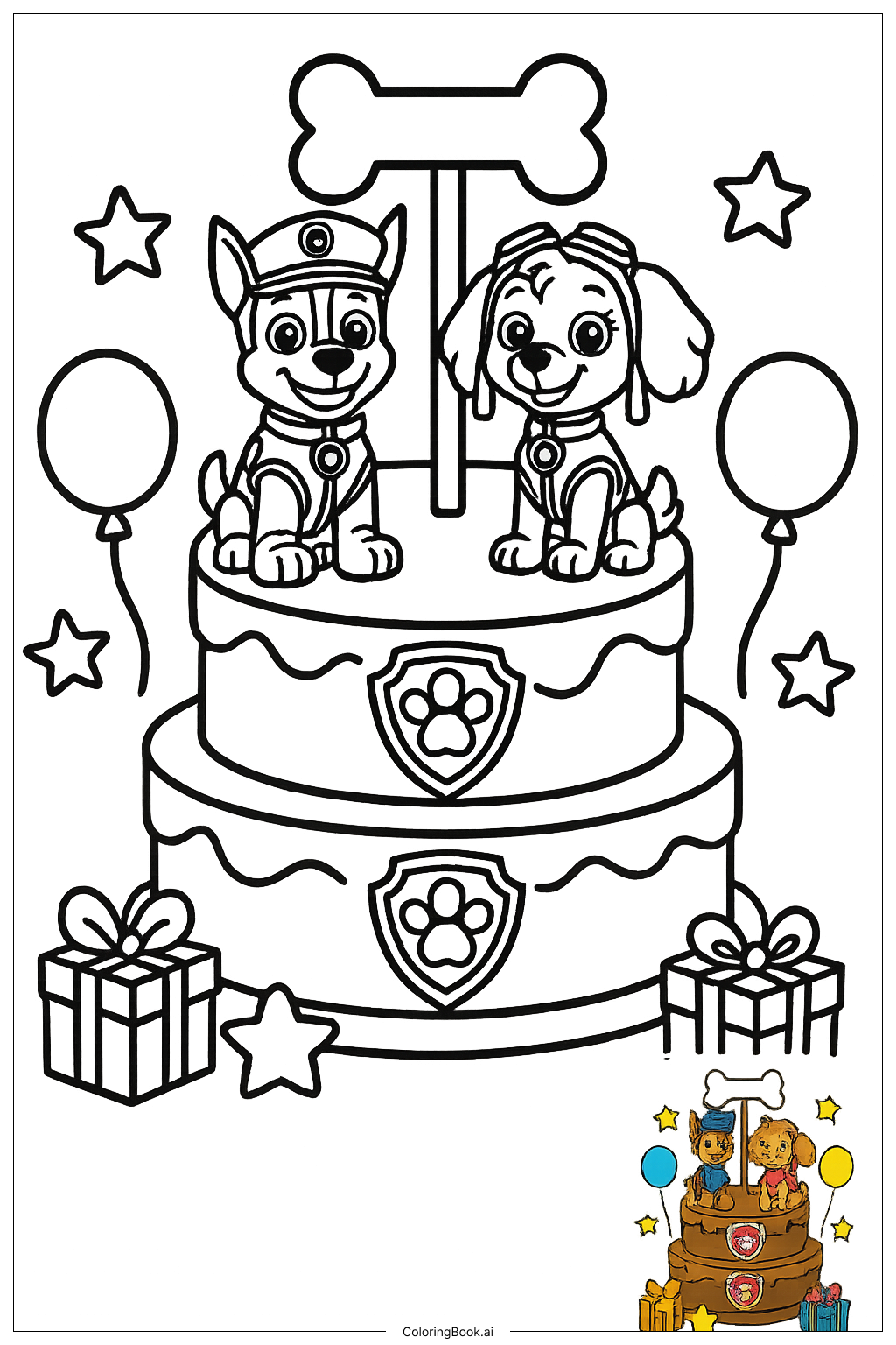  Página para colorir de Surpresa do Bolo de Aniversário da Patrulha Canina 