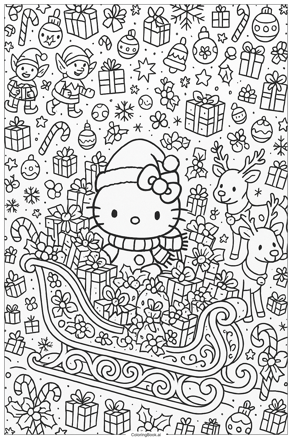  Hello Kitty In Santa's Crowded Sleigh Coloring Page 