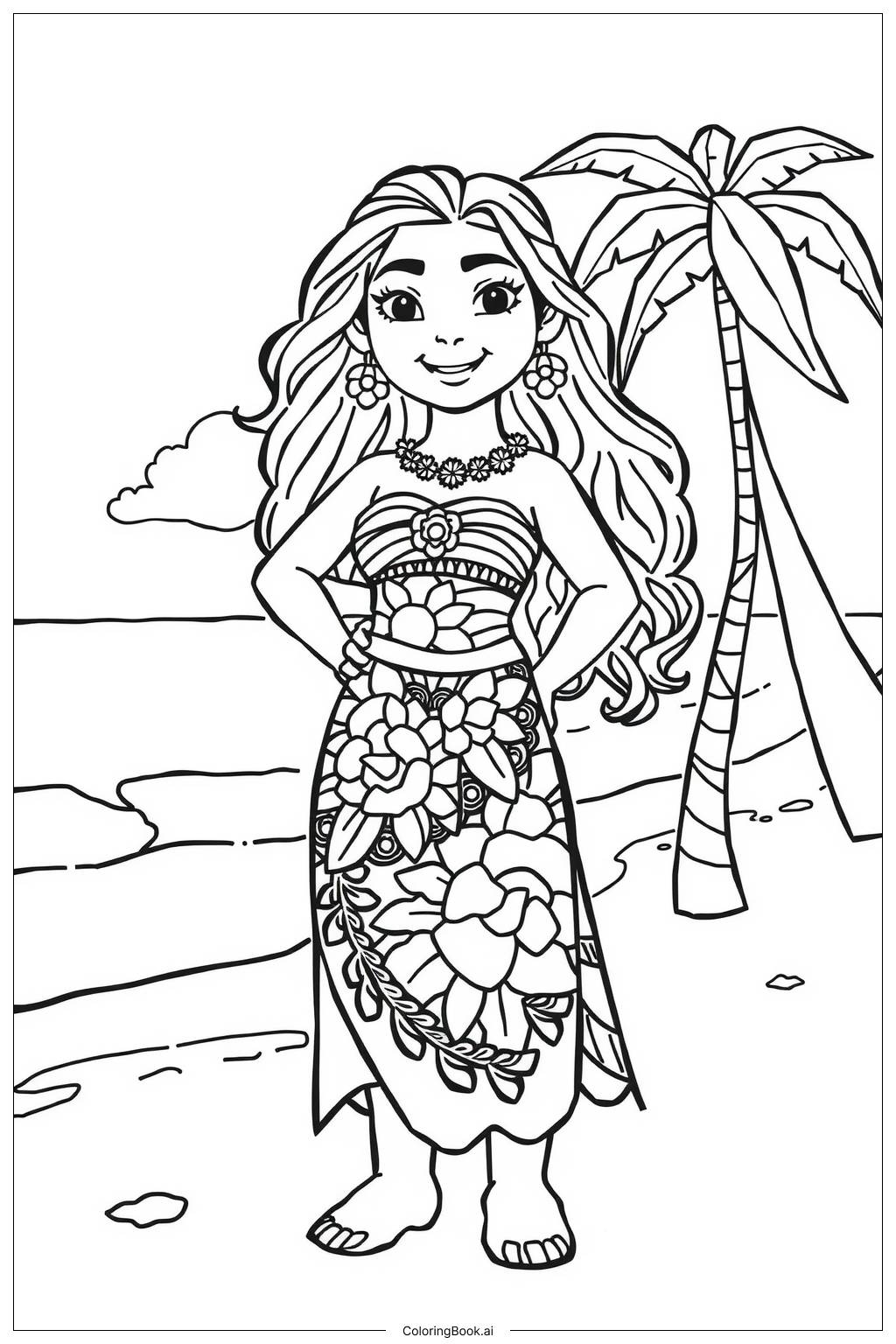  Moana standing on the beach at sunset Coloring Page 