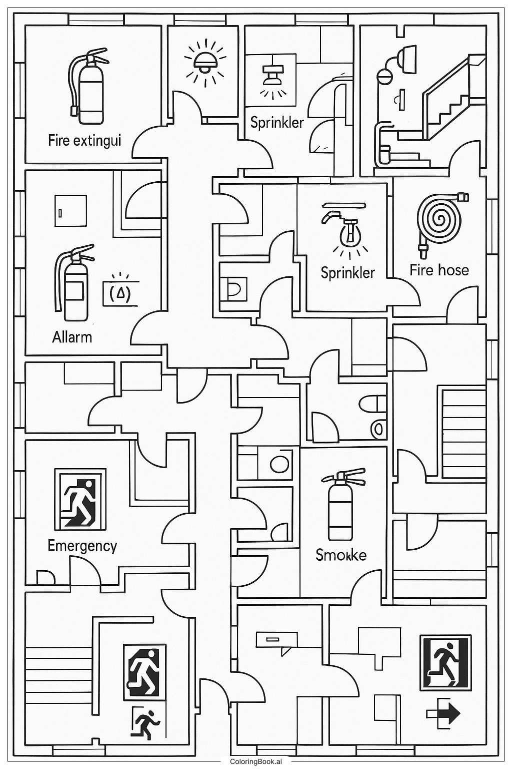 详细的消防安全设备布局填色页