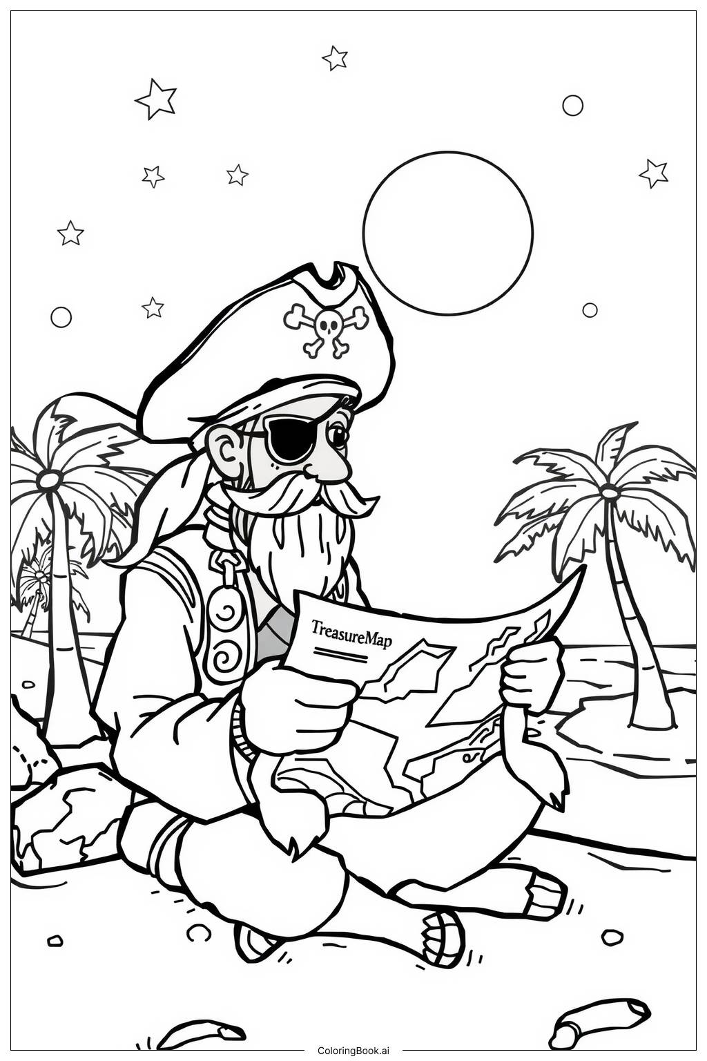  Pirate Reading a Treasure Map Under Moonlight-2 Coloring Page 