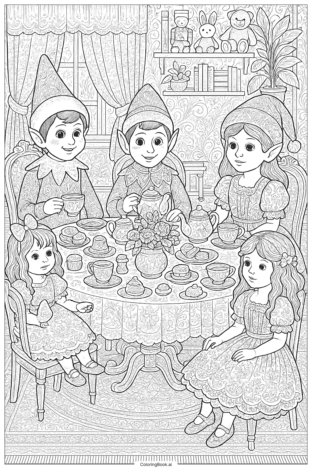  Página para colorir de Duende Na Prateleira Tendo Uma Festa do Chá Com Bonecas 