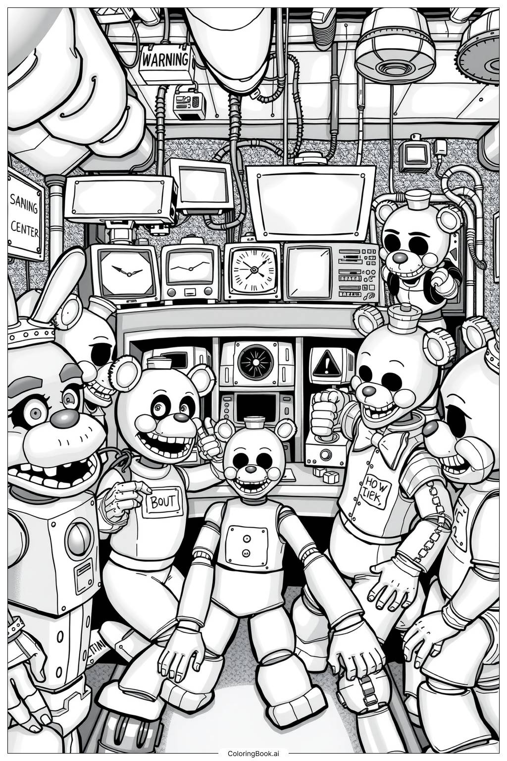  five nights at freddy animatronics in a night watch Coloring Page 