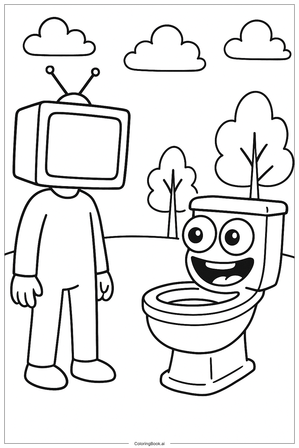  Page de coloriage Homme Télé face à des toilettes Skibidi 