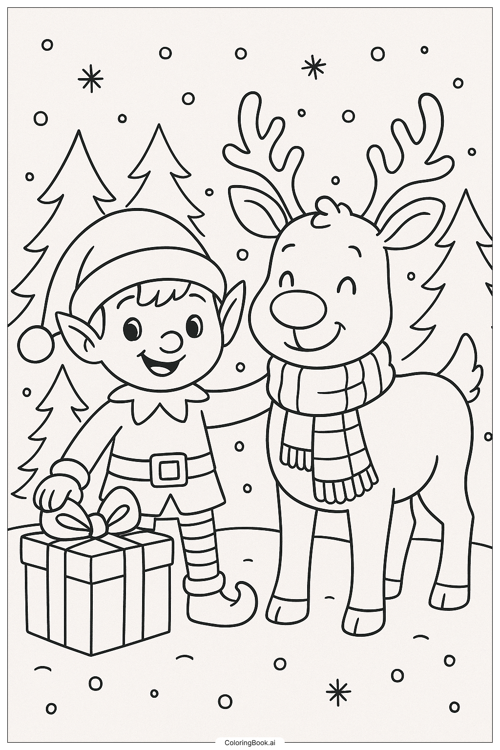  Christmas Elf with Reindeer填色页 