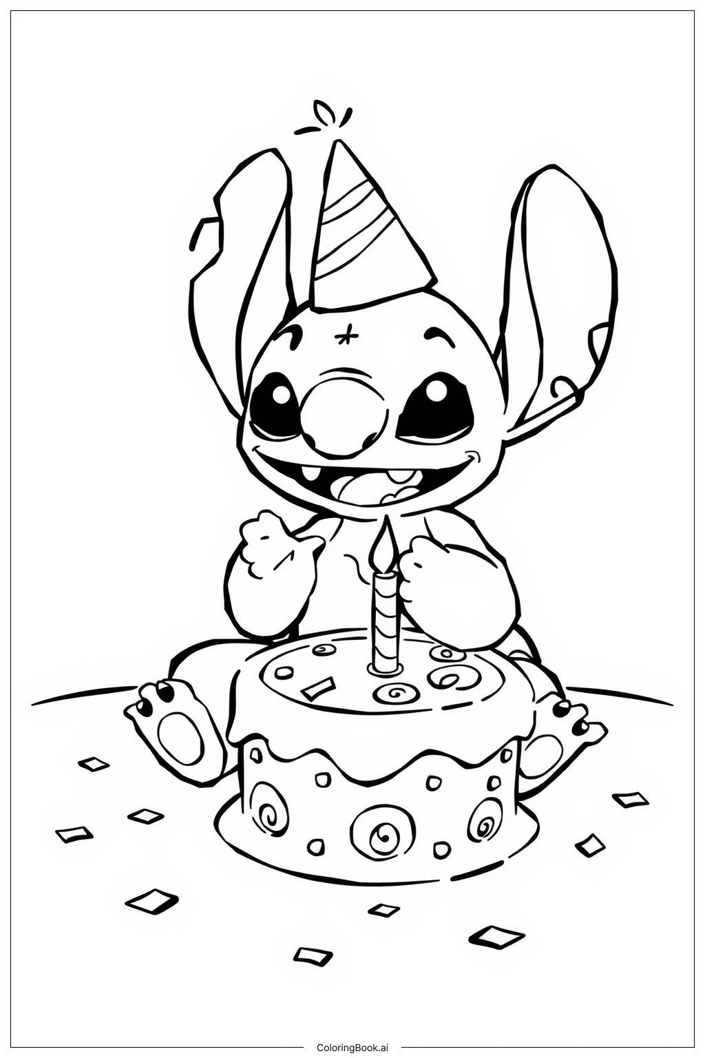  Página para colorear de Tarta de Cumpleaños de Stitch 