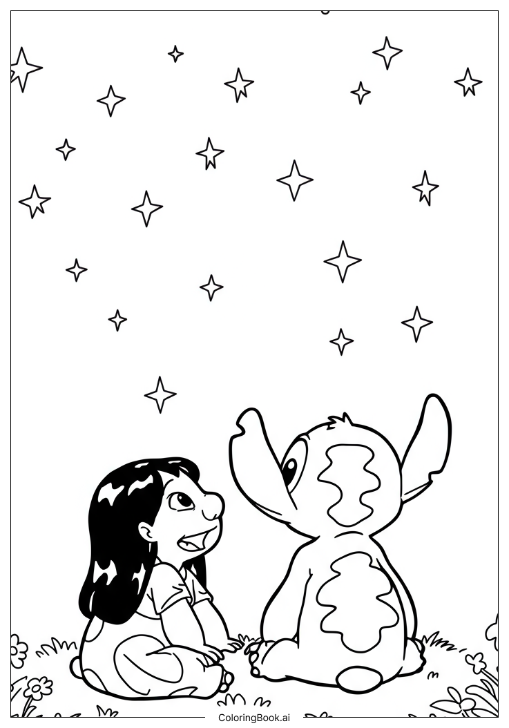  Página para colorear de Lilo y Stitch mirando las estrellas 