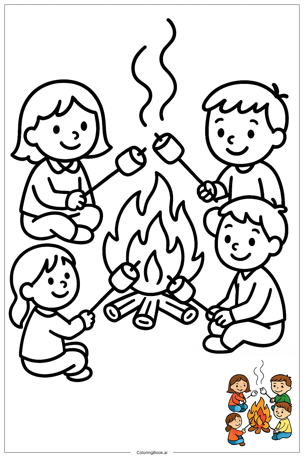  Friends Roasting Marshmallows Over Fire著色頁 