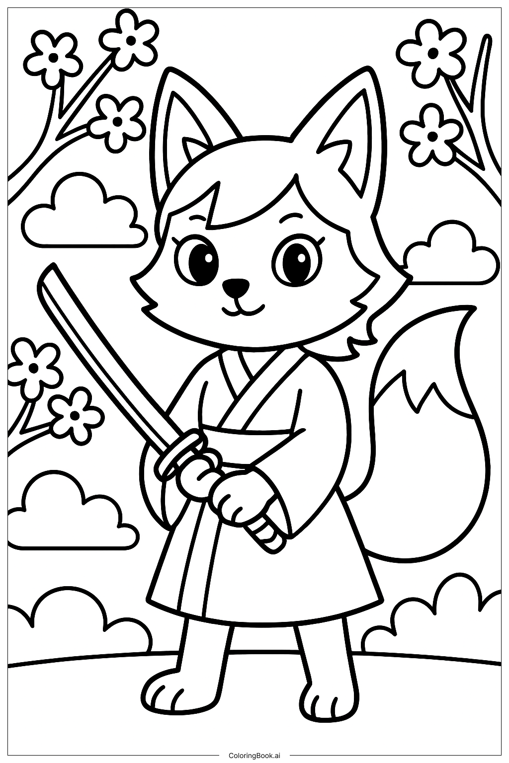  Anime Fox Girl with Samurai Sword Coloring Page 