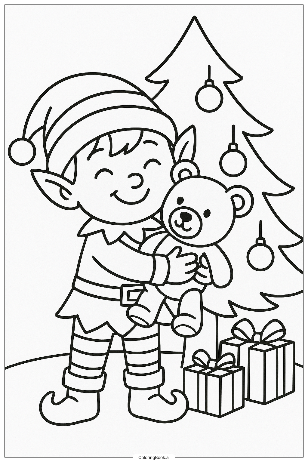  Christmas Elf Hugging a Teddy填色页 