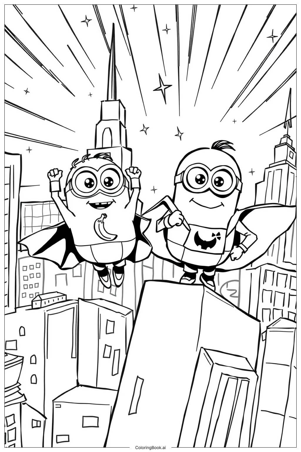  minions dressed as superheroes saving the day Coloring Page 