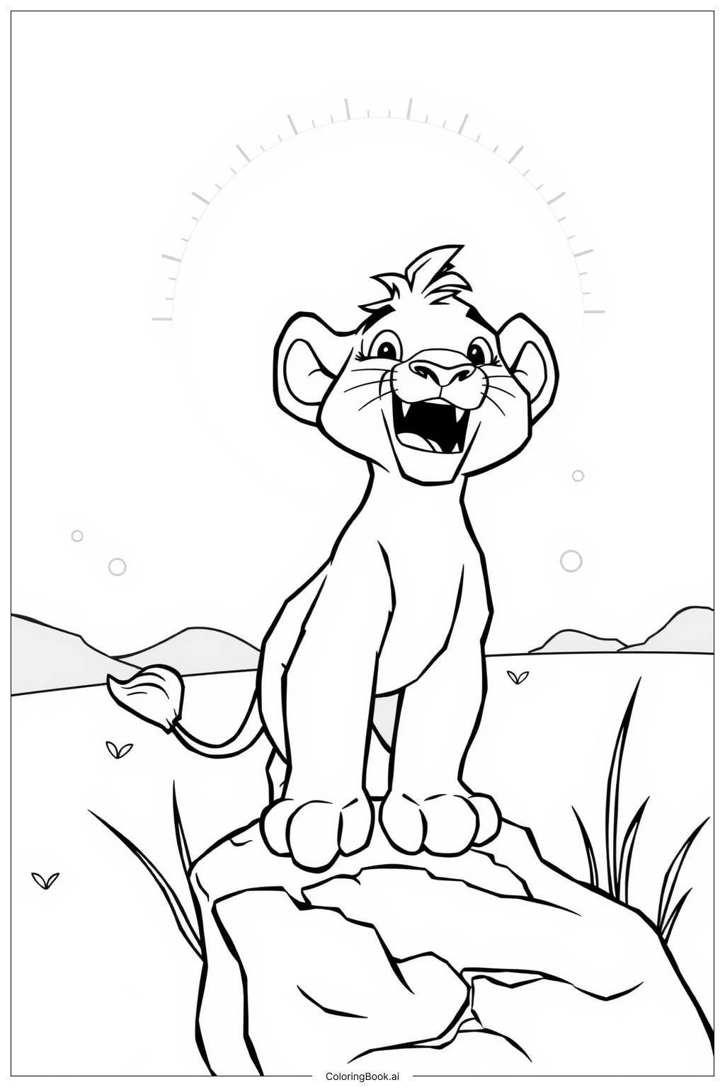  Page de coloriage roi lion simba rugissant au lever du soleil 