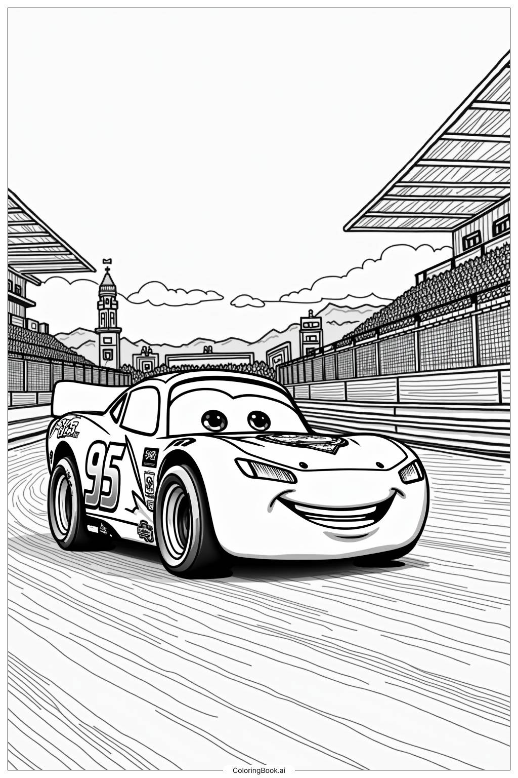  Página para colorear de Rayo McQueen con Cruz Ramírez entrenando para una carrera 