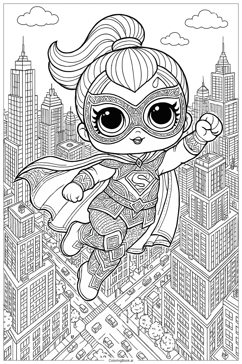 Página para colorir de Boneca Lol Super-heroína Voando Sobre a Cidade