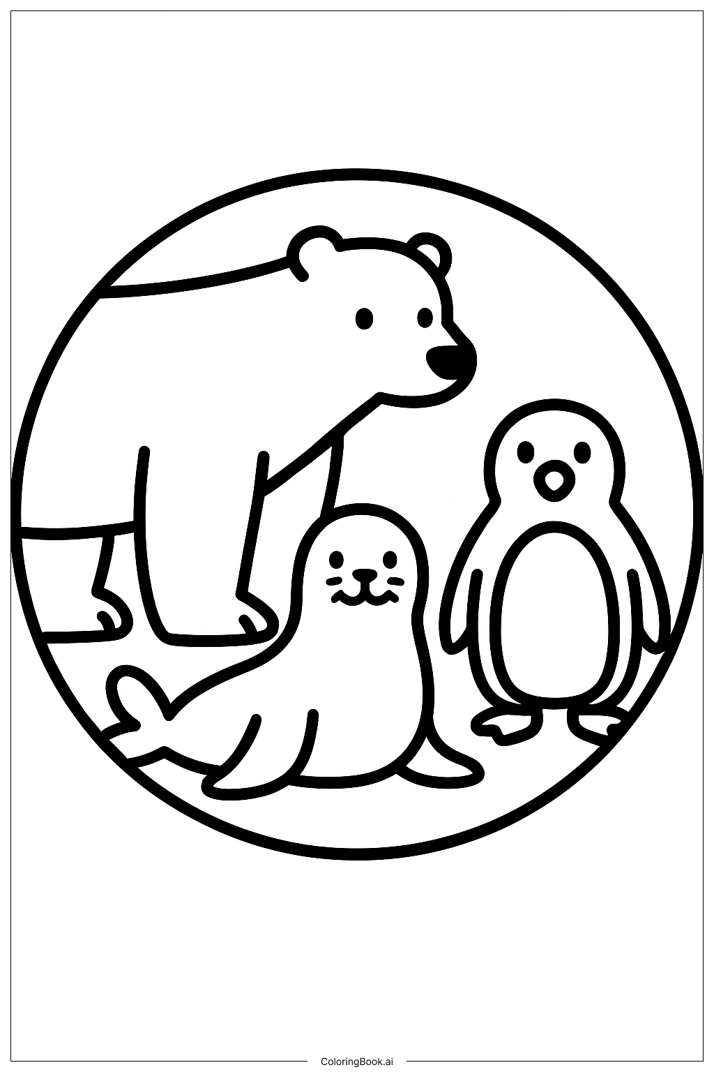 極地動物在簡單圓圈中著色頁