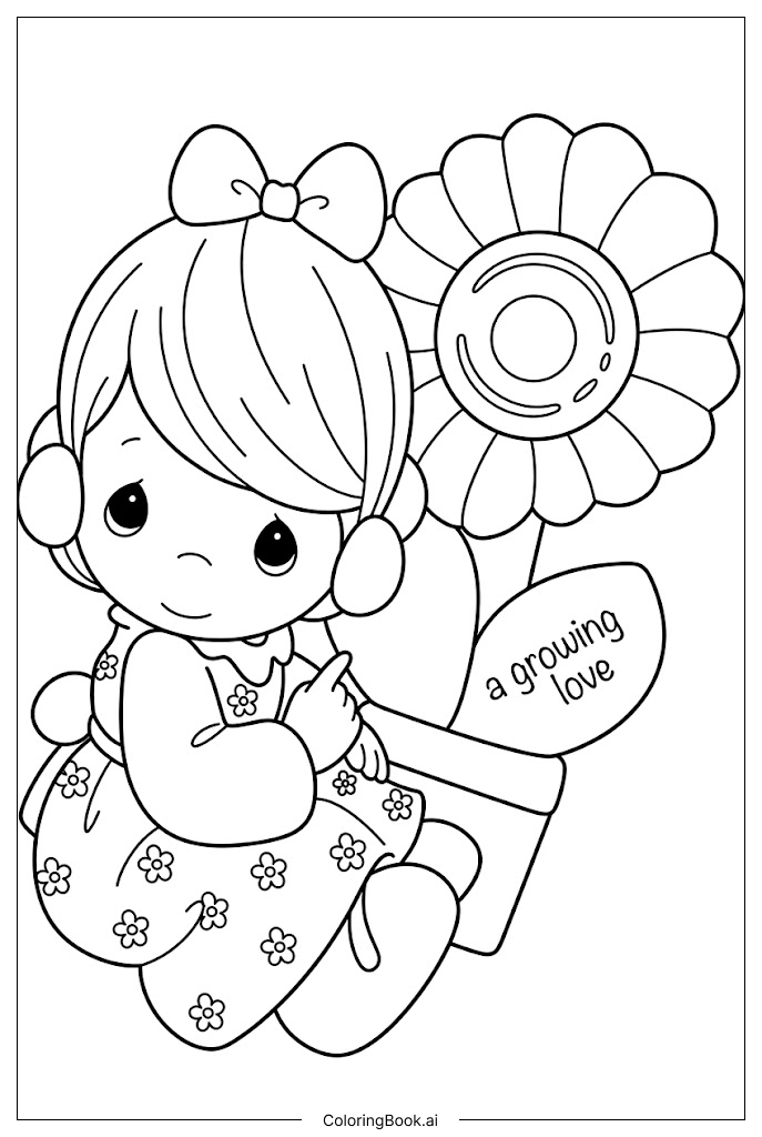  Página para colorear de Niña de Precious Moments cuida la flor de la amistad en flor 