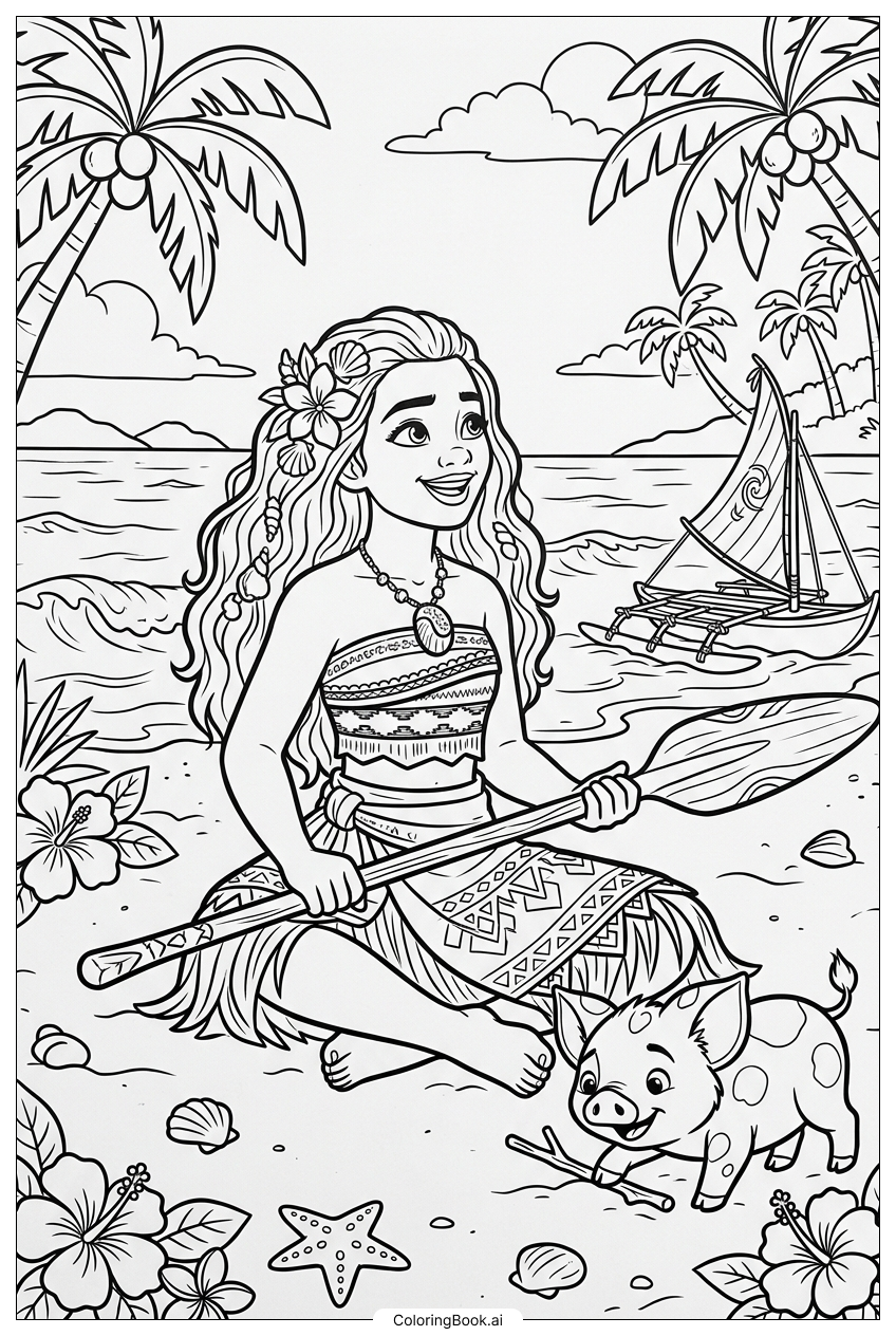 Moana Sitting Cheerfully While Pua Plays Coloring Page 
