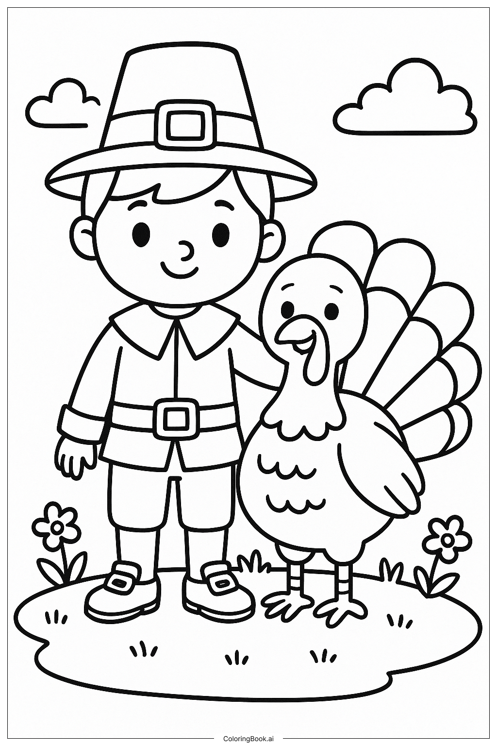  순례자와 다정한 칠면조 색칠공부 페이지 