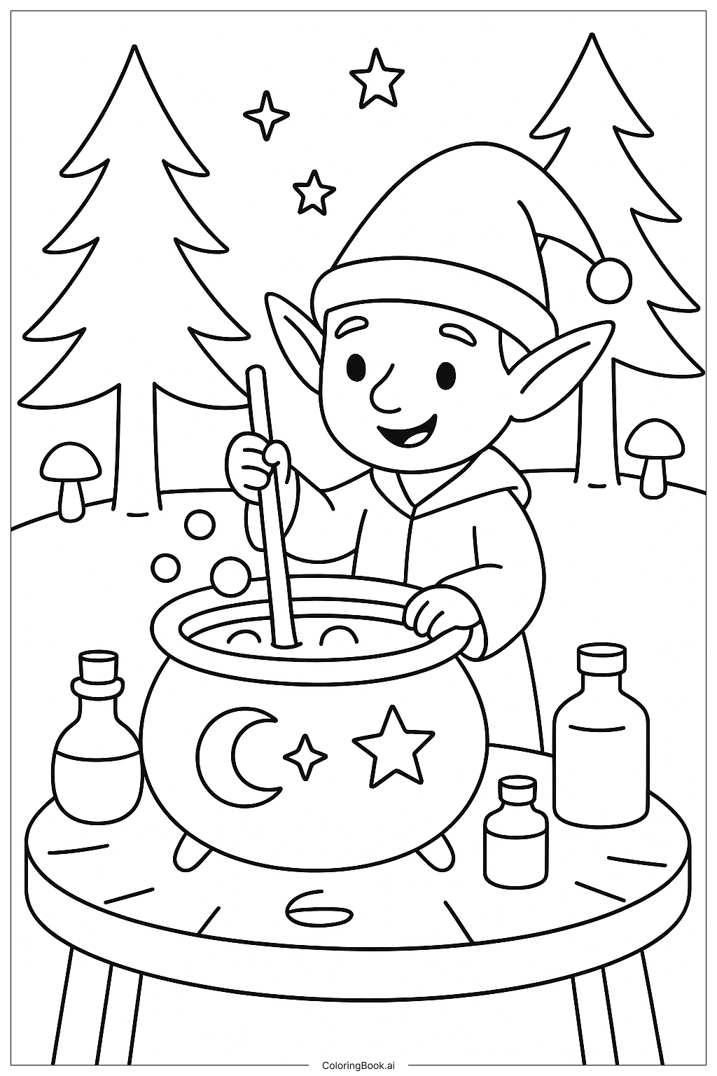  Página para colorir de Um Elfo Mexendo uma Poção Mágica 