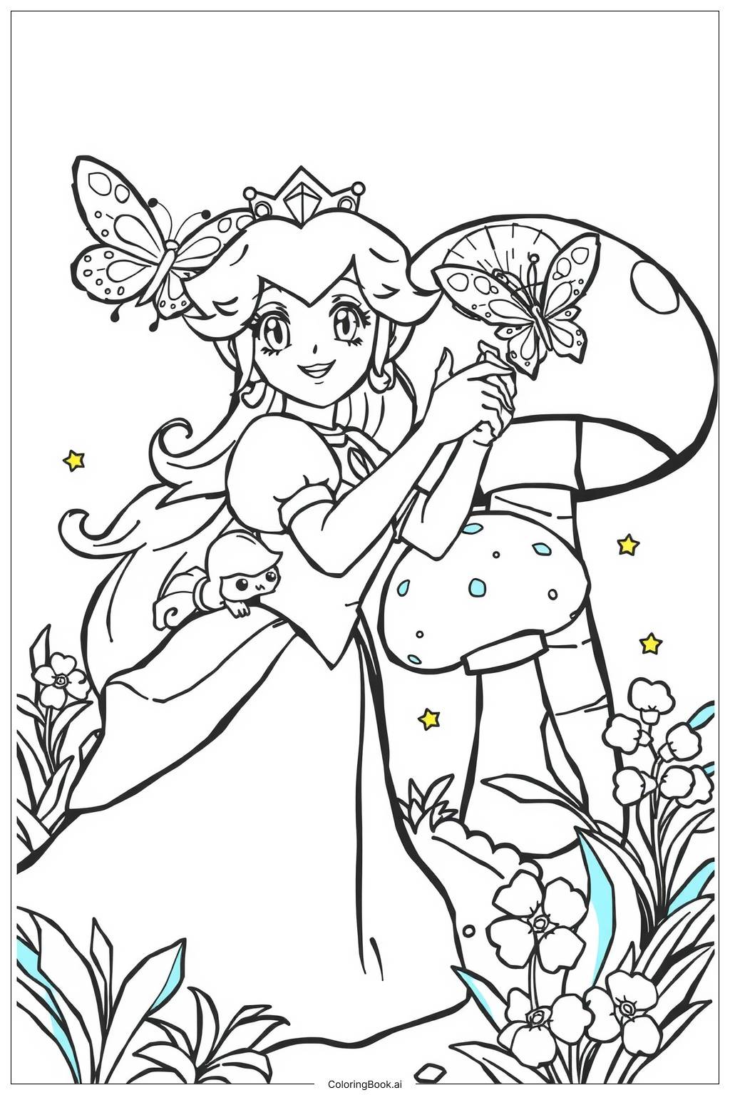  Page de coloriage La princesse Peach explorant une forêt magique 