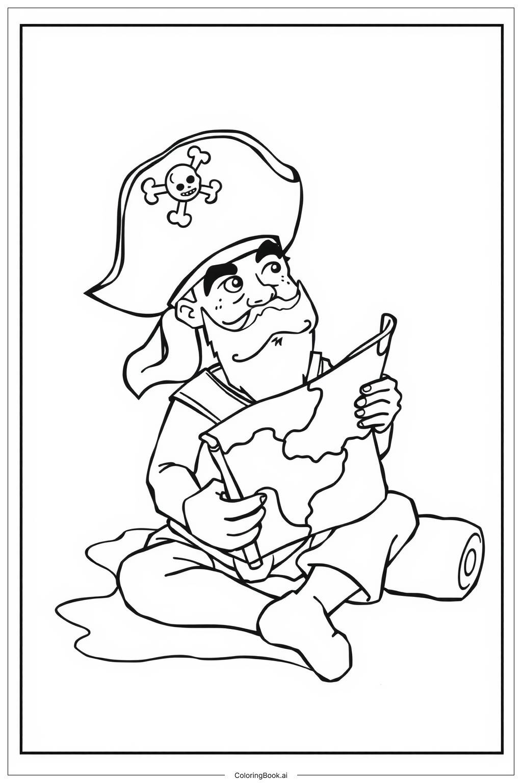  Pirate Reading a Treasure Map Under Moonlight Coloring Page 