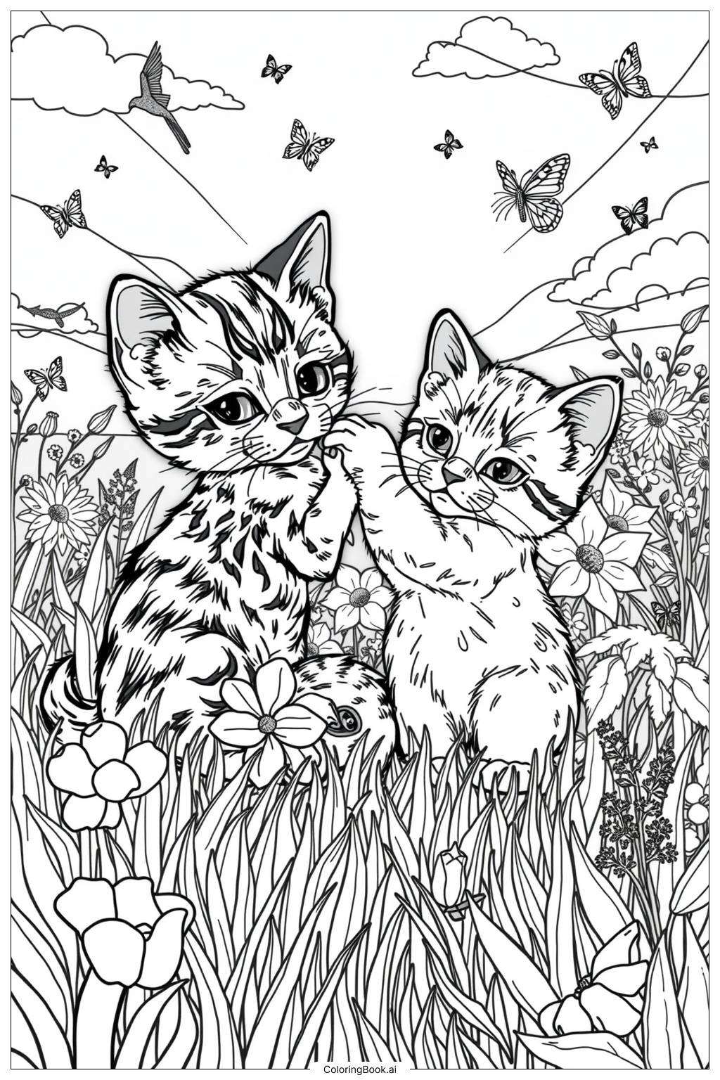  Page de coloriage Des chatons jouant dans une prairie ensoleillée 