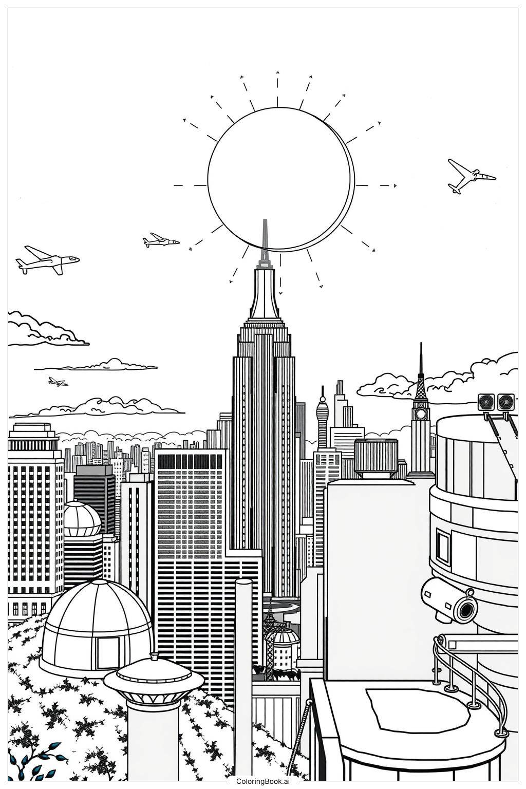  Página para colorir de Eclipse Solar Sobre o Horizonte de uma Cidade 