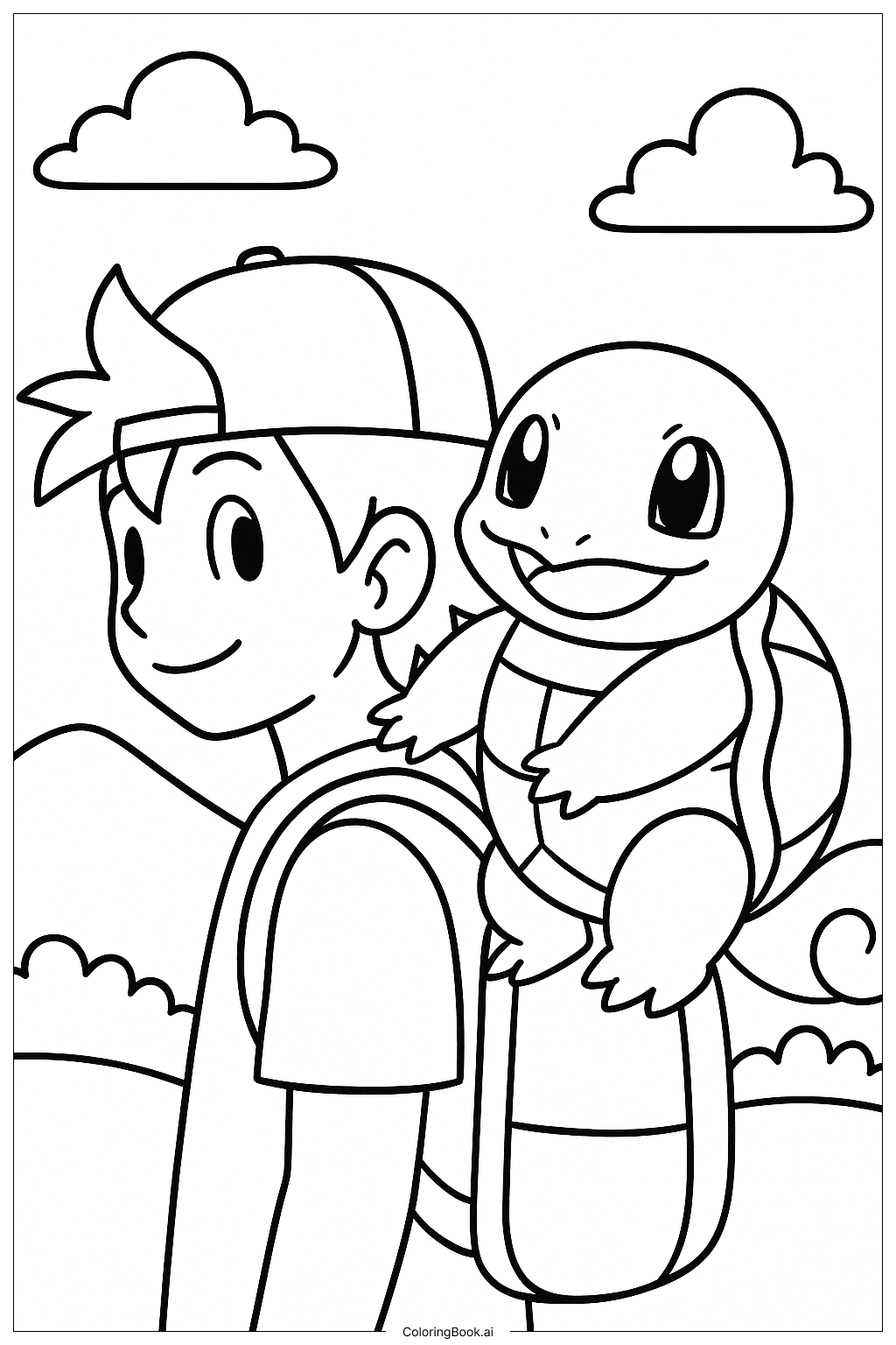  Página para colorear de Squirtle en el Hombro de un Entrenador 