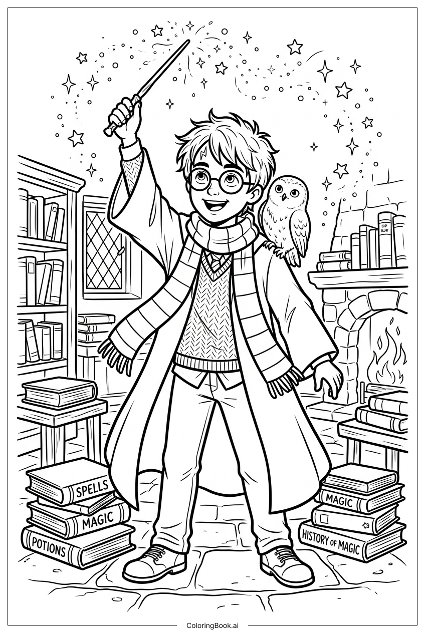 Harry Potter casting sparkles in cozy library Coloring Page