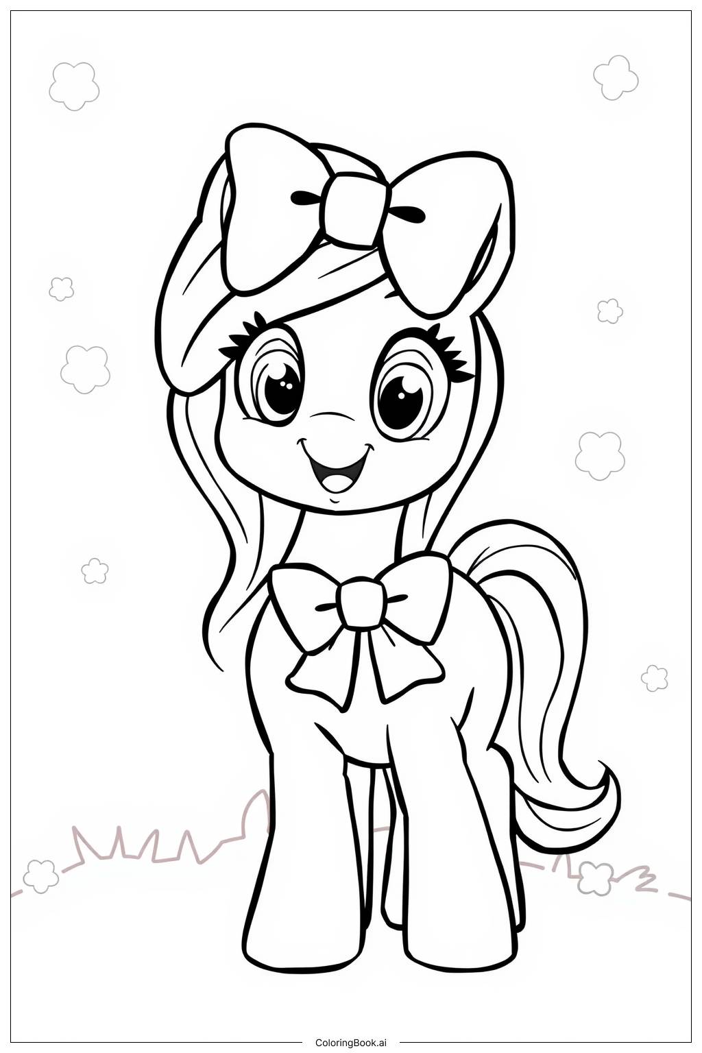  Page de coloriage Poney mignon avec un nœud 