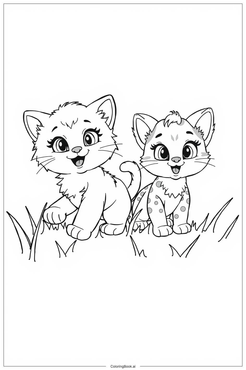  Página para colorear de Gatitos jugando en un prado soleado 