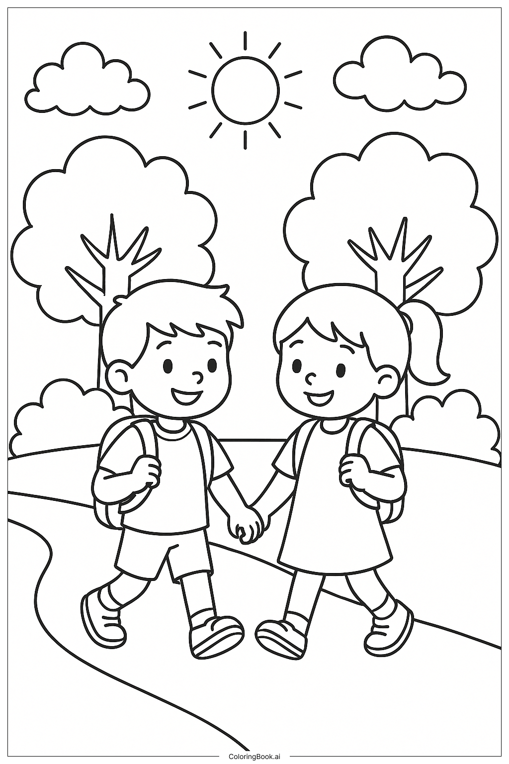  Página para colorear de Un niño y una niña caminando de regreso a la escuela 