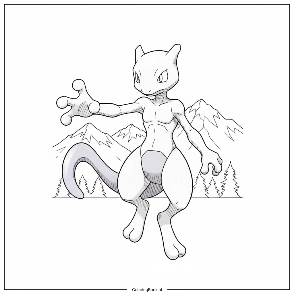  Page de coloriage Mewtwo Posant Majestueusement Devant Les Montagnes 