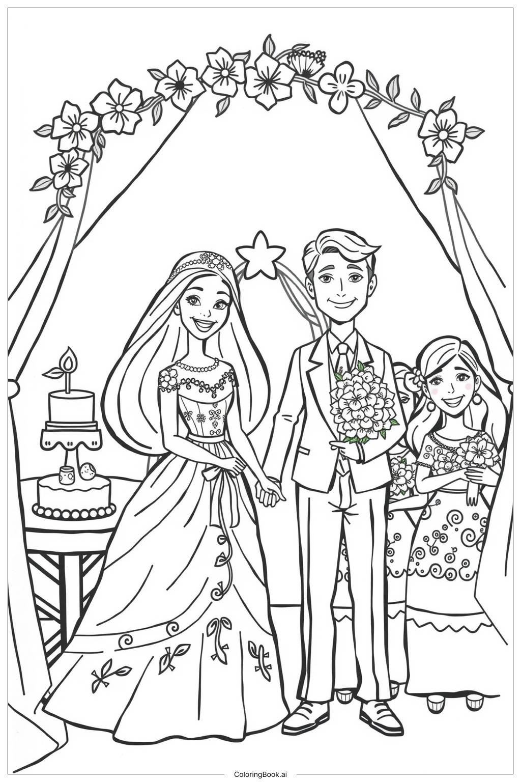  Página para colorear de barbie día de la boda con ken y sus amigos 