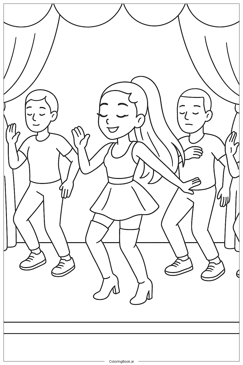  Página para colorear de Ariana Grande bailando con bailarines de fondo 