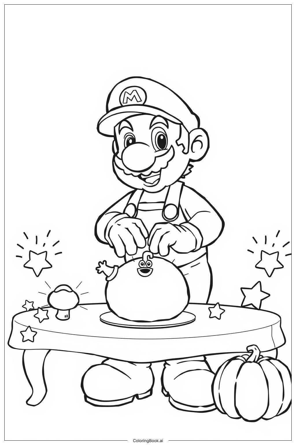  Page de coloriage Mario décorant pour Thanksgiving avec des power-ups 