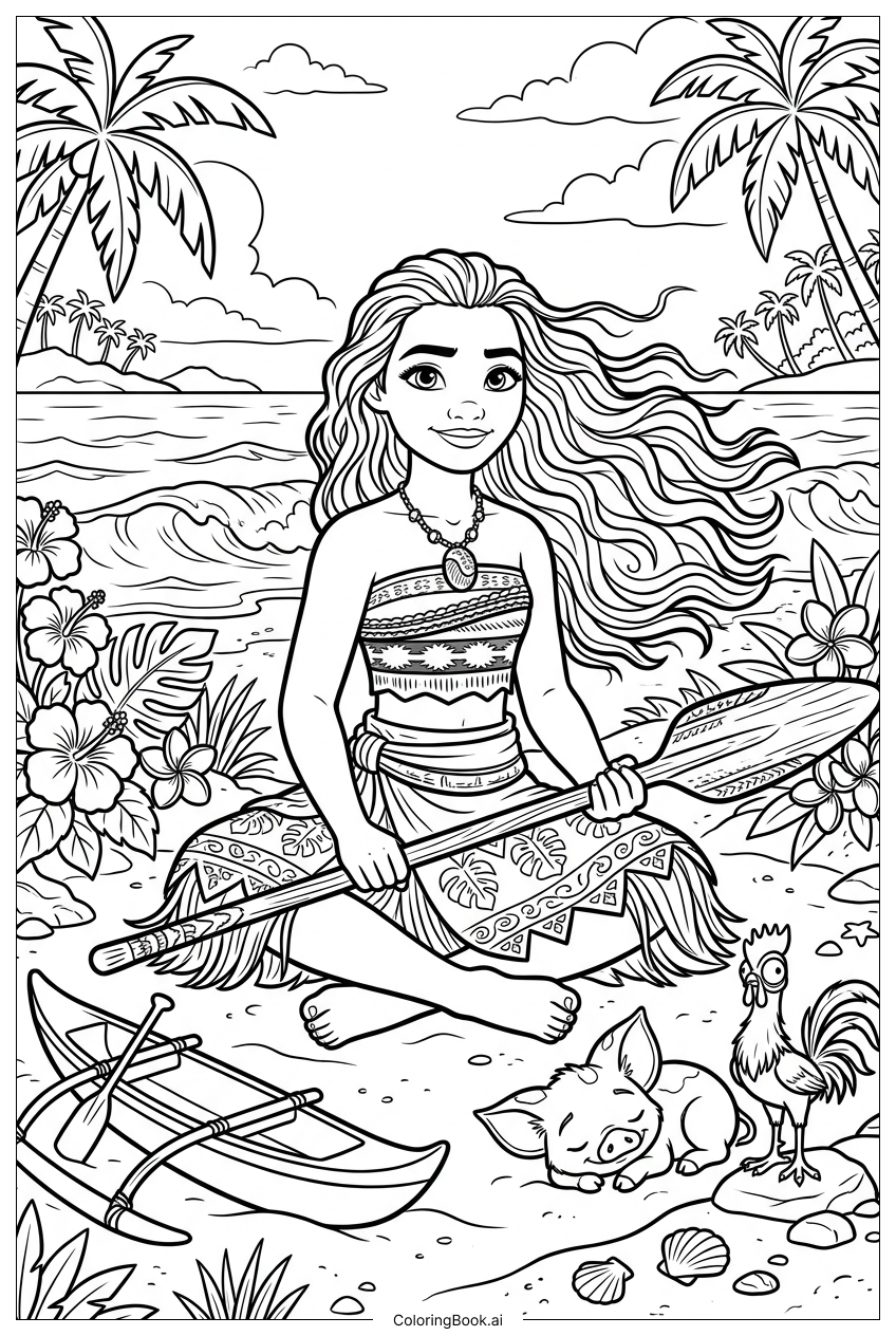  Moana Resting On Beach With Paddle Coloring Page 
