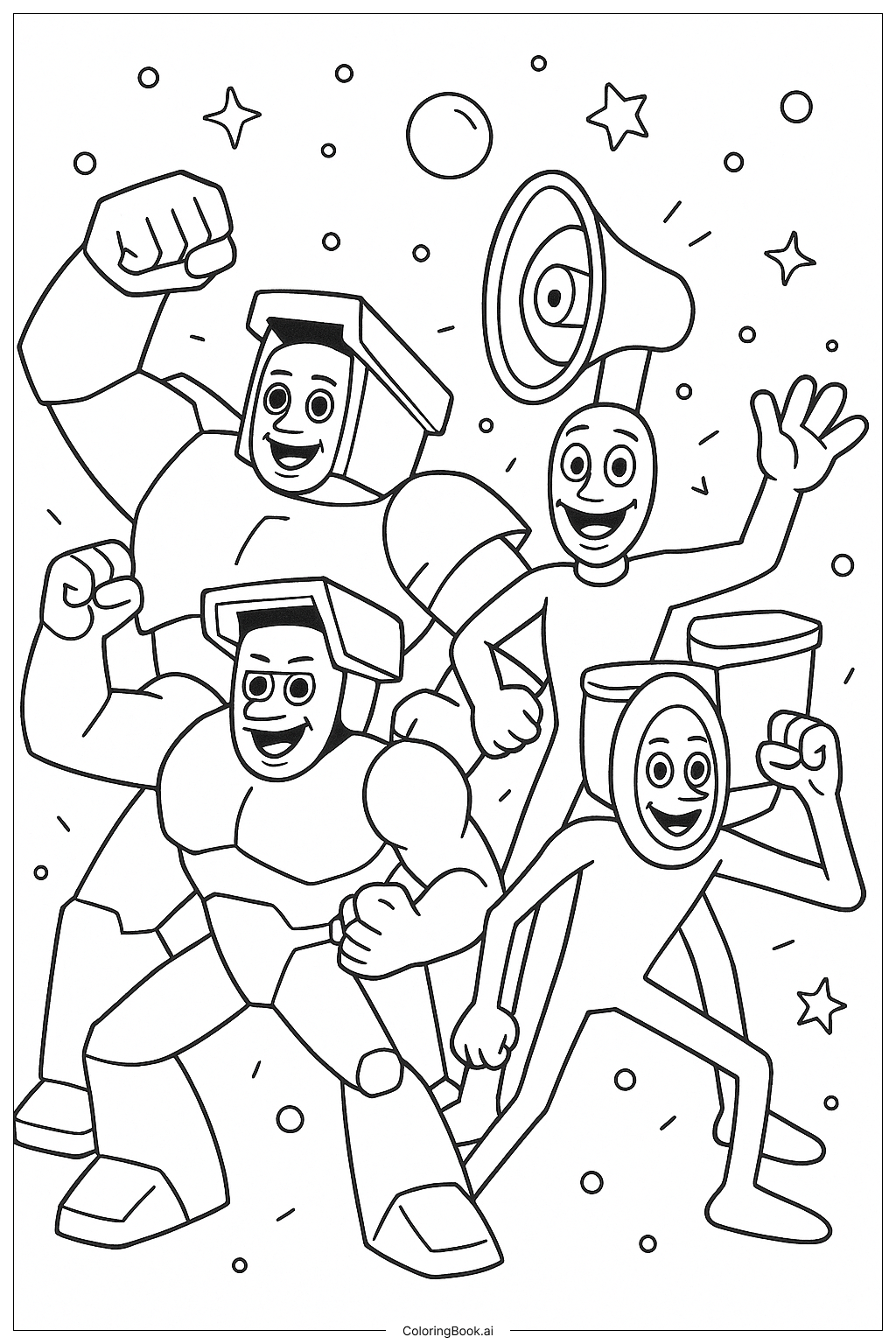  Page de coloriage Les Titans Toilette Skibidi posant ensemble 