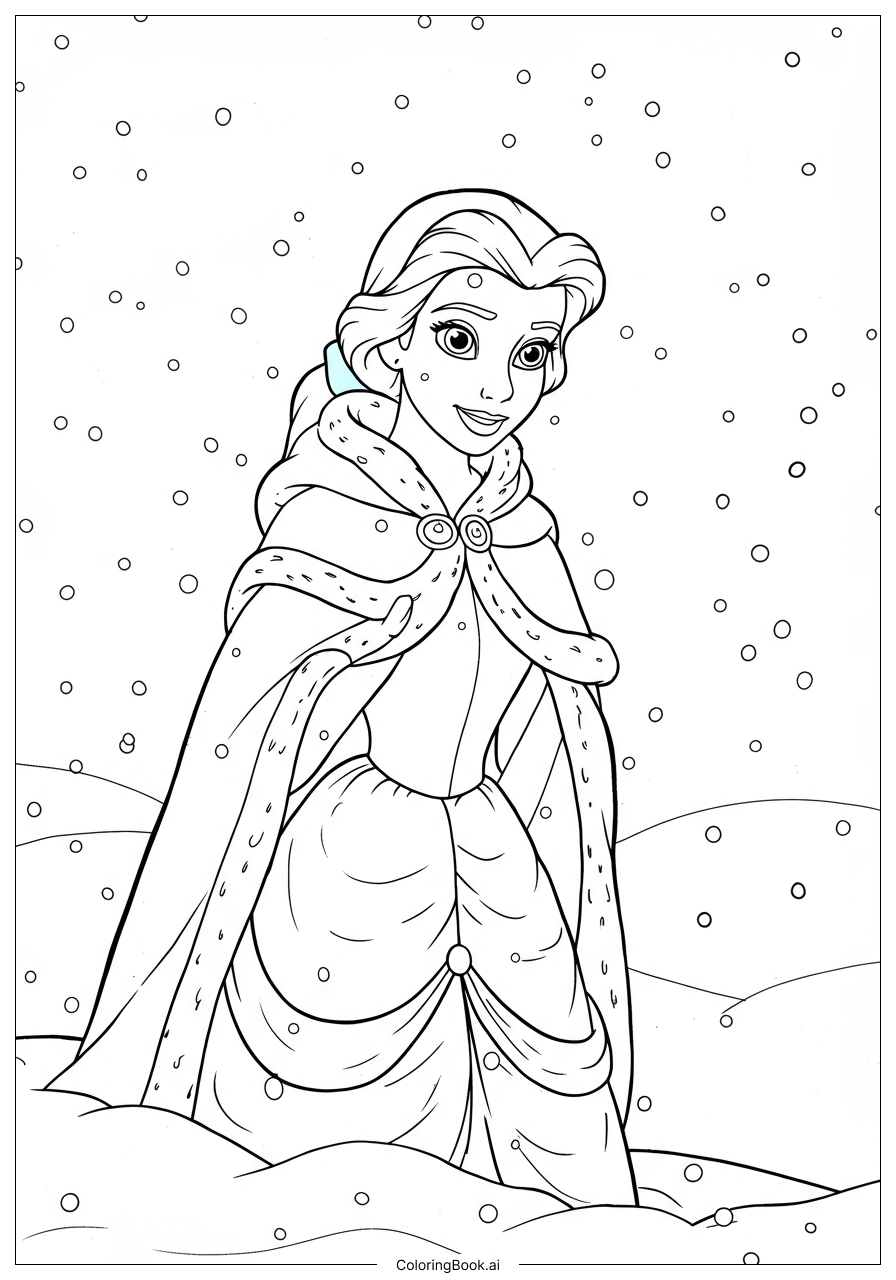  雪の中の冬のマントを着たベルの塗り絵ページ 