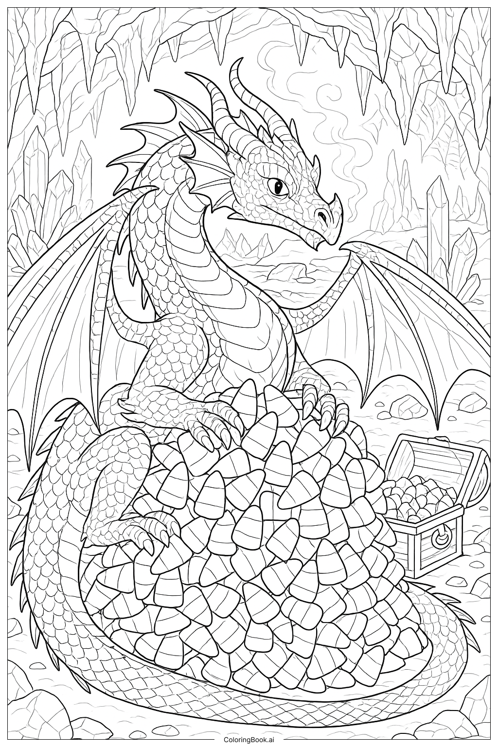  キャンディコーンの山を守るドラゴンの塗り絵ページ 