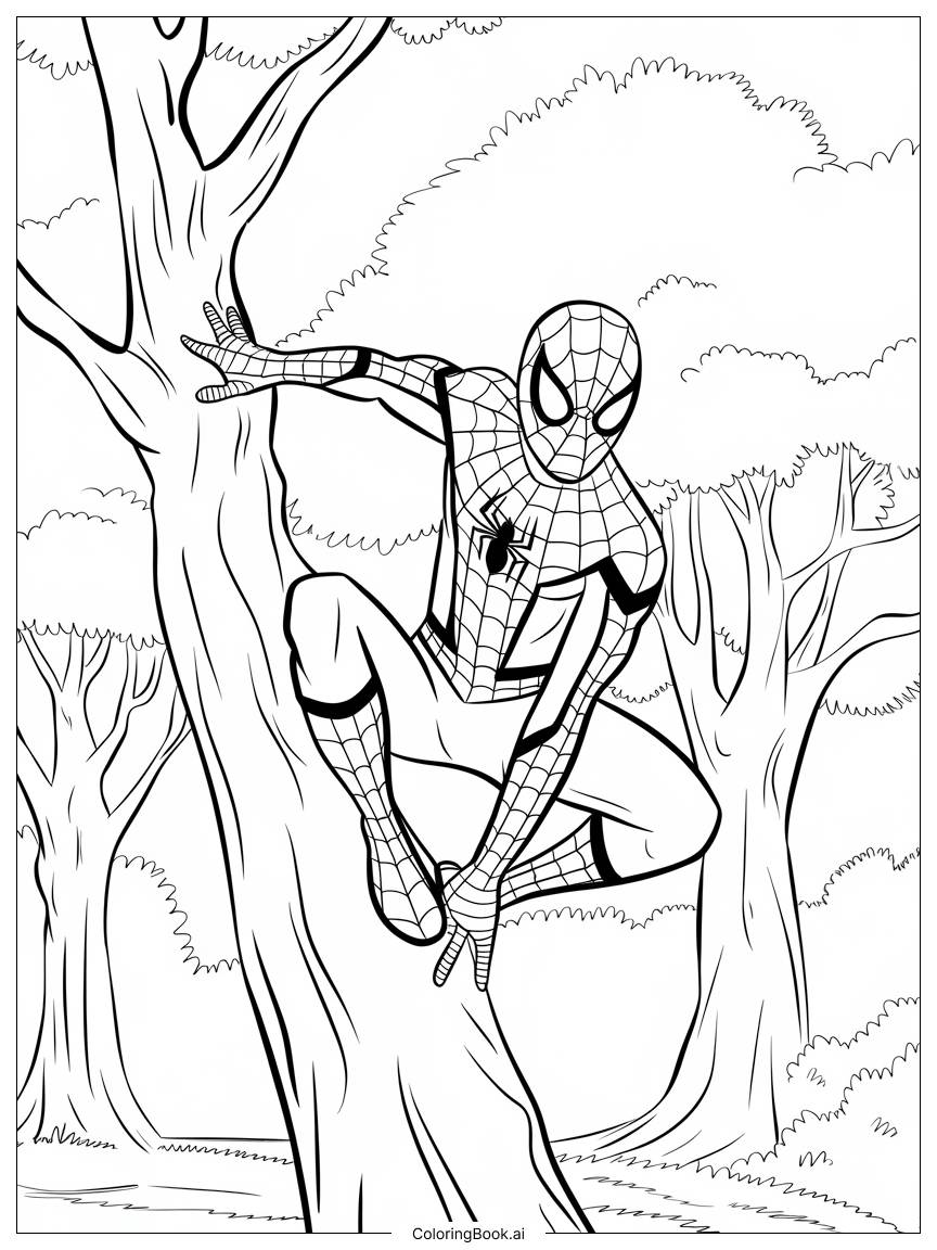  Página para colorear de Página para colorear de Spider-Man trepando un árbol 