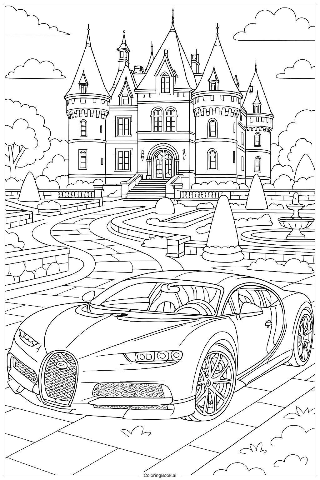  A Bugatti In Front Of A Grand Castle Coloring Page 