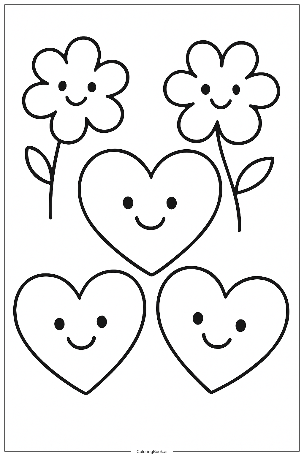  Smiling Hearts and Flowers Coloring Page 