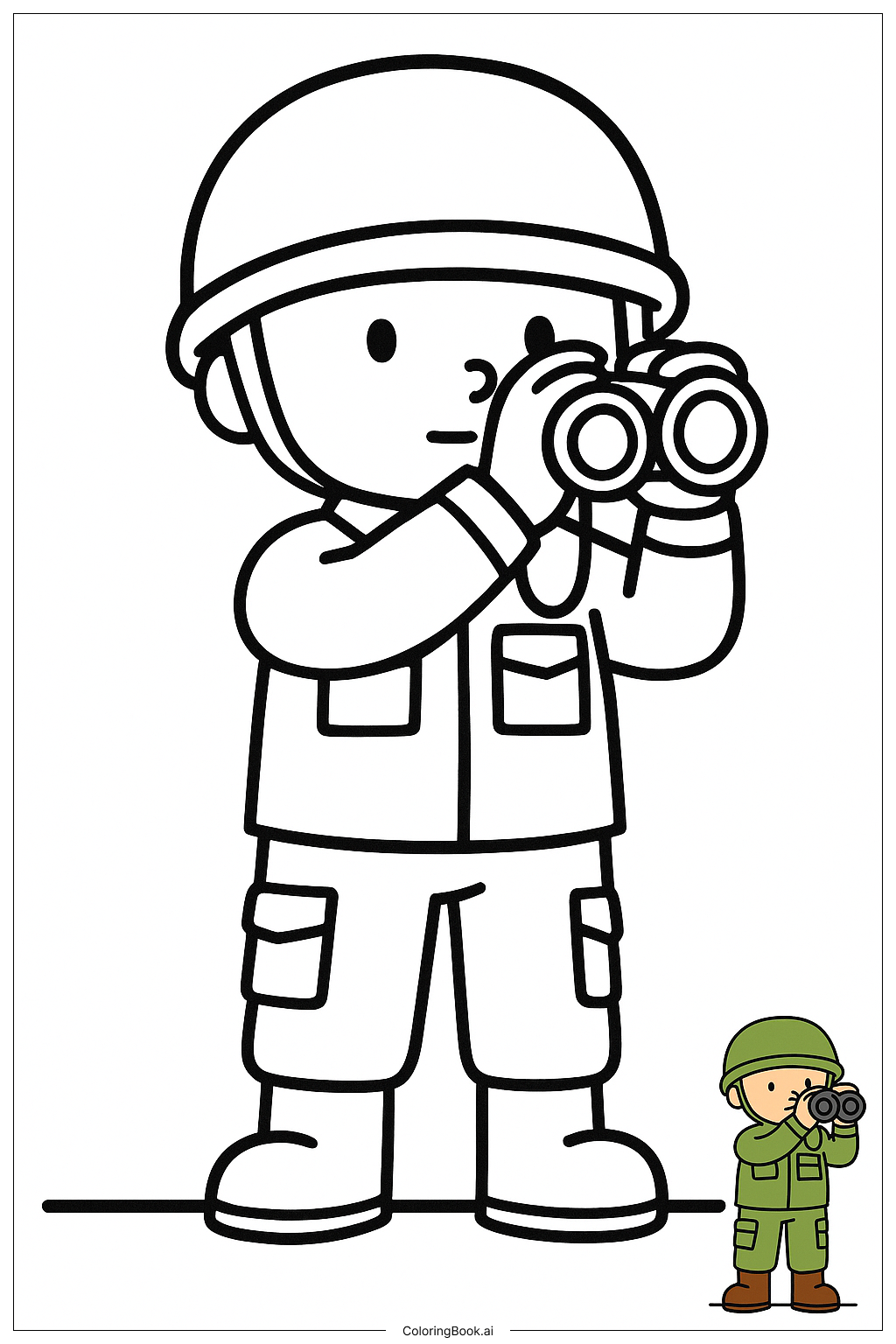  Page de coloriage Soldat de l'armée utilisant des jumelles 