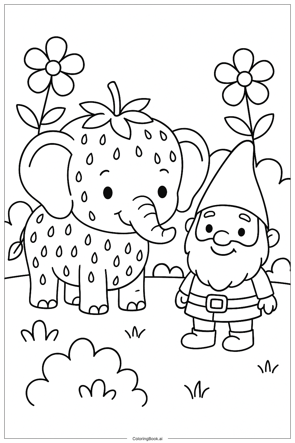  草莓大象与友善的小矮人填色页 
