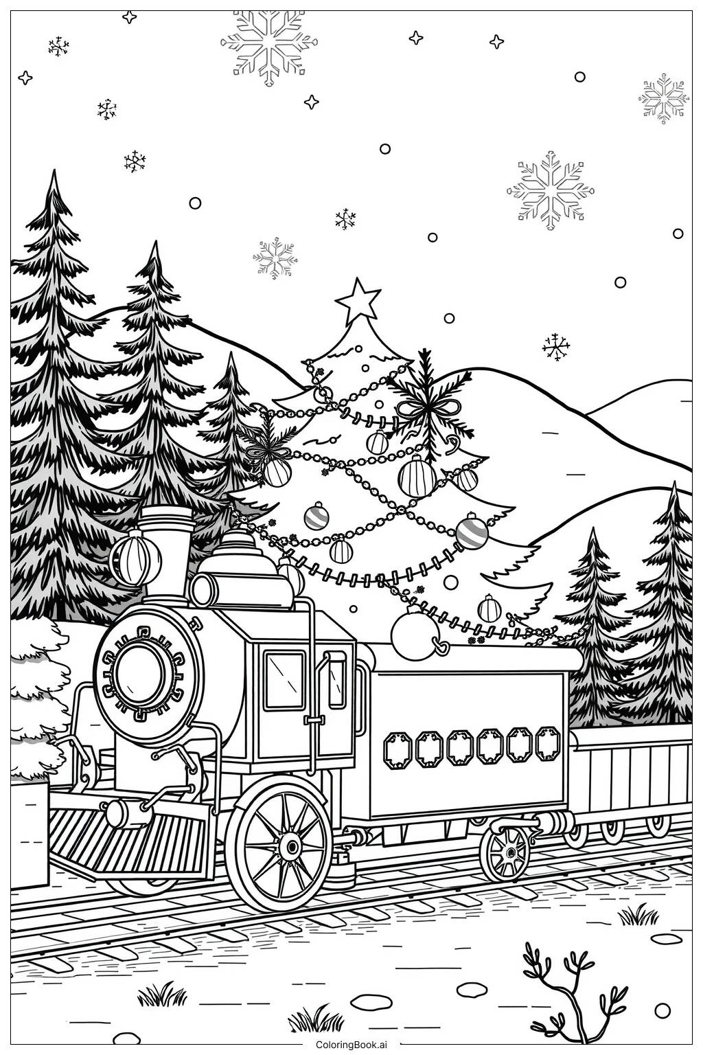  Página para colorir de trem com uma árvore de Natal-2 