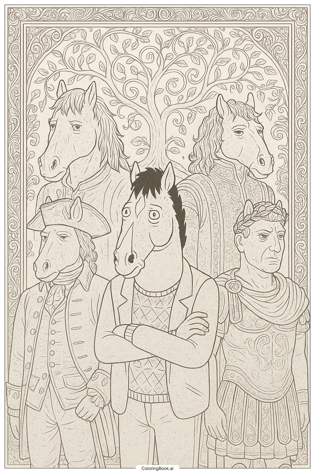  Page de coloriage Bojack Horseman et ses ancêtres dans une lignée 